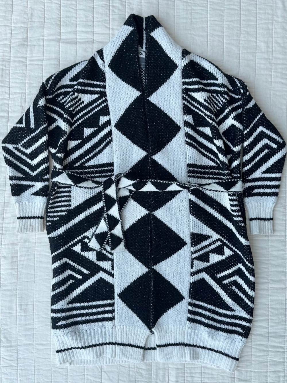 Anthropologie Sweater | Black & White Geometric | Belted Midi | Size Small